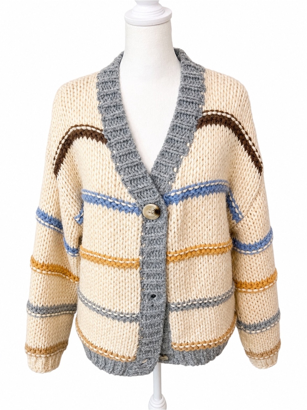 Vici Cream Chunky Cardigan with Gray Trim and Blue, Brown & Mustard Stripes